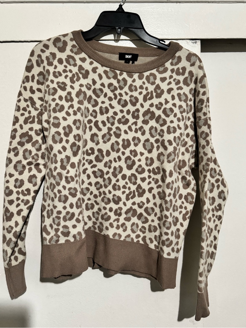DKNY Cream and Brown Leopard-Print Crewneck Sweater